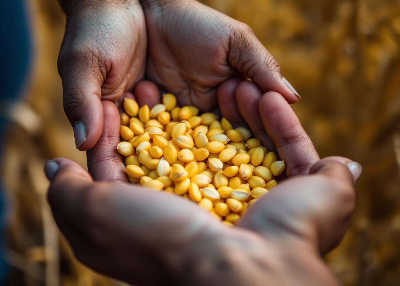 Golden hybrid maize seed held in cupped hands
